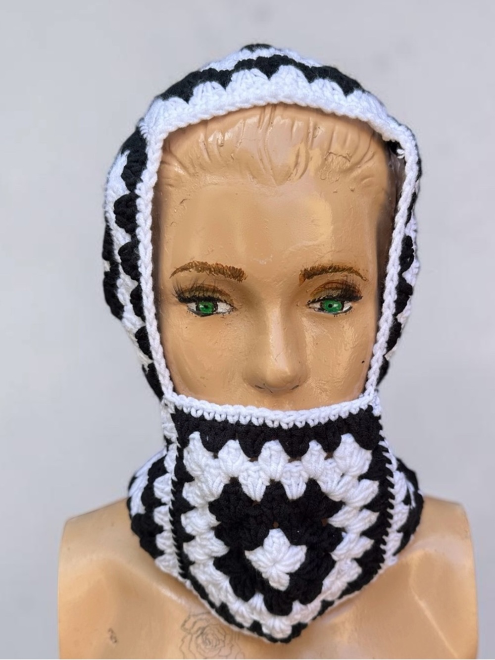 Handmade Black & White Crochet Hooded Face Warmer